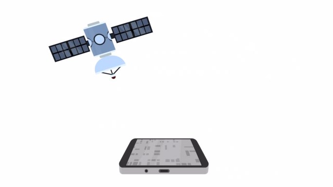 卫星导航。动画空间卫星确定地图上的位置。卡通