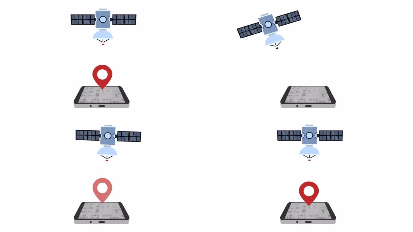 卫星导航。动画空间卫星确定地图上的位置。卡通