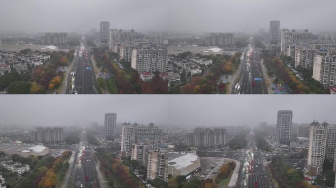 航拍雨雾天气下的昆山城镇风光