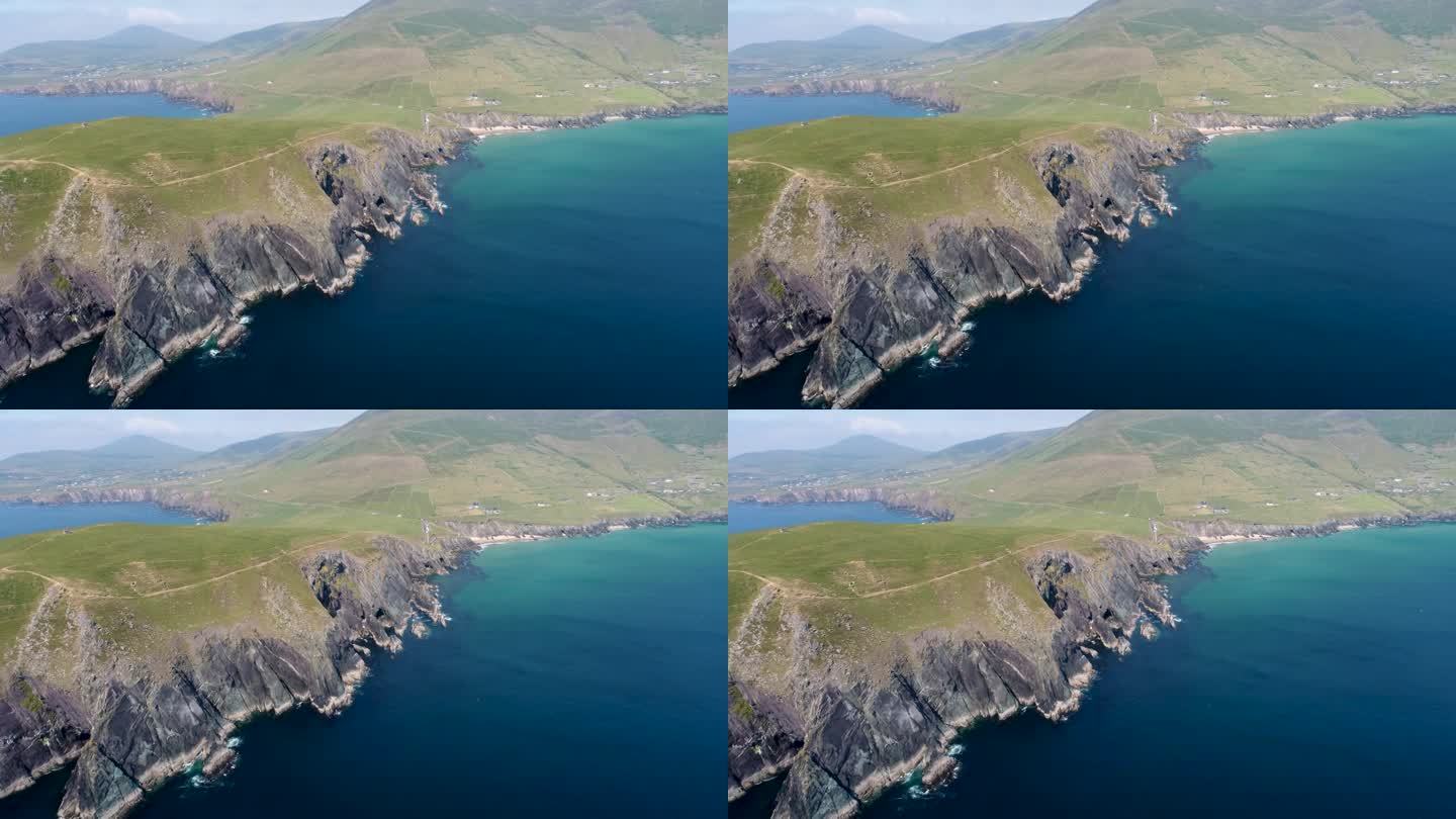 无人机拍摄的爱尔兰丁格尔角附近的丁格尔半岛崎岖的海岸地形。