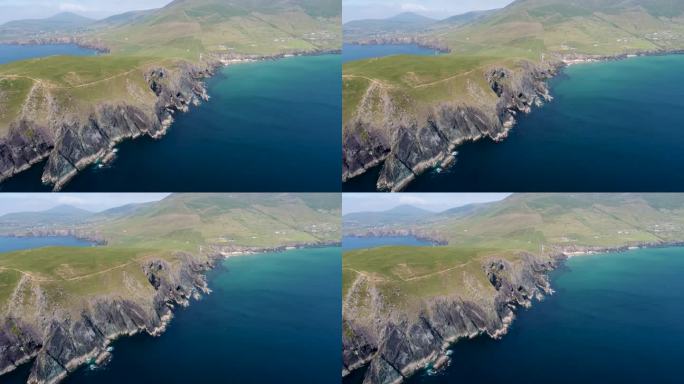 无人机拍摄的爱尔兰丁格尔角附近的丁格尔半岛崎岖的海岸地形。