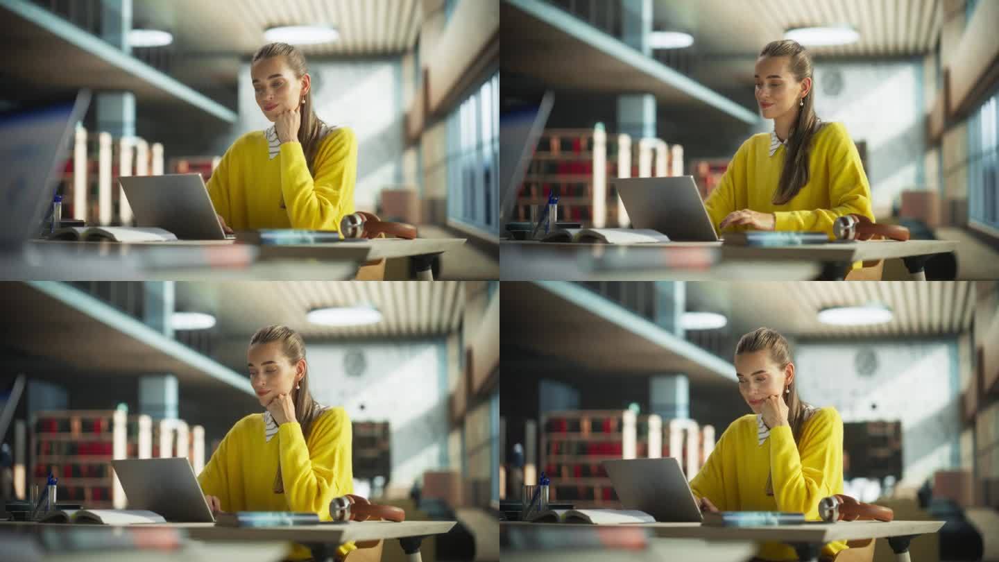 美丽的白人女学生在图书馆的笔记本电脑上写她的大学学位论文。穿着黄色套头衫的年轻时尚女性独自在阅览室里