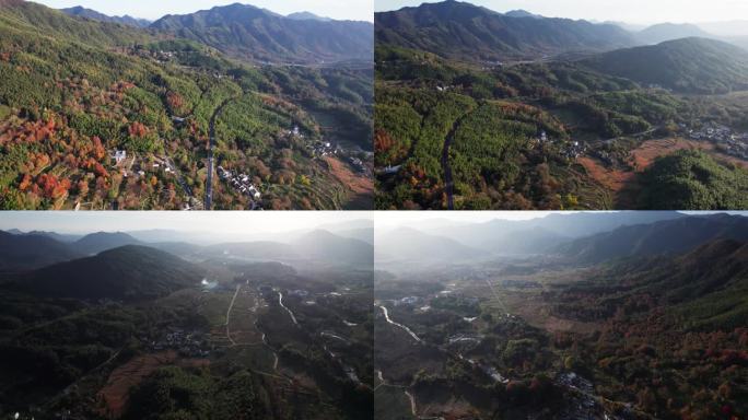 鸟瞰中国安徽宏村塔川古村落。无人机在阳光明媚的秋日拍摄传统村落，固定视角，4k实时画面。