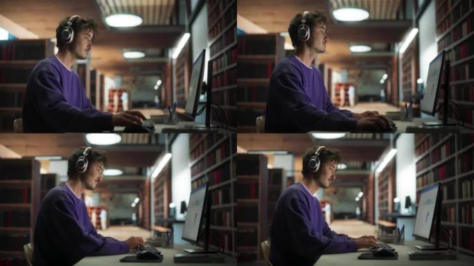 身穿紫色套头衫的年轻男学生在台式电脑上写硕士论文。聪明人在线学习讲座，在有书架的图书馆里浏览演示文稿