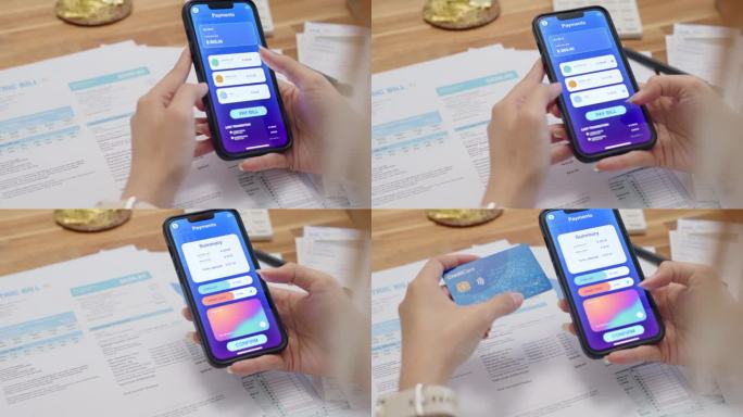 近距离双手妇女使用智能手机支付与非接触式支付和银行应用程序支付在线水电费支付，网上银行技术和资金转移