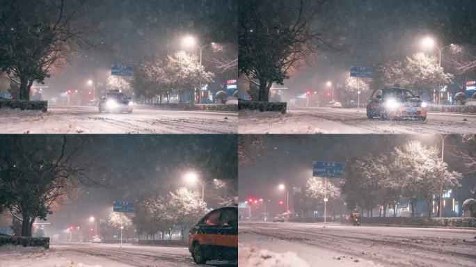 冬天夜晚城市雪景
