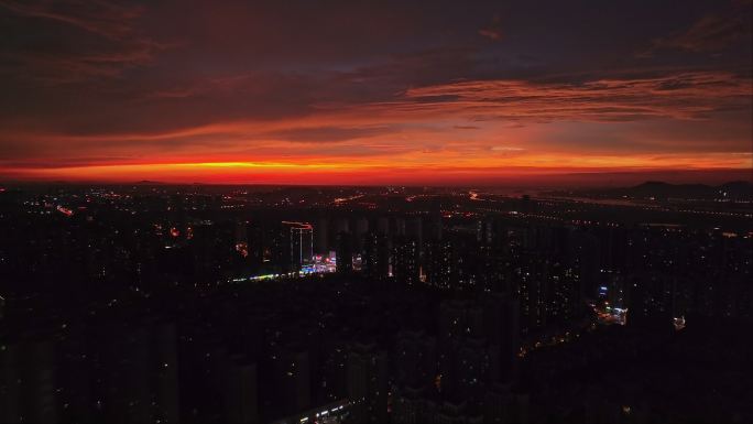 长沙 晚霞 天空 城市航拍 火烧云 4k