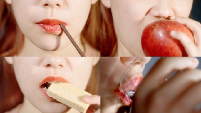 女模特抹完口红吃各种东西的嘴部特写