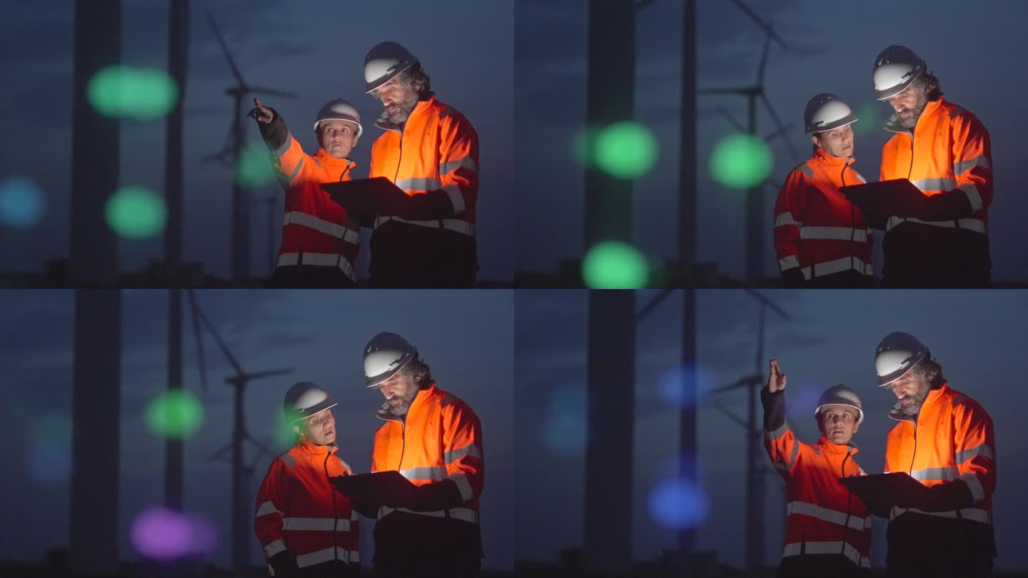 工程师们在风力发电厂使用HUD全息技术。夜班。