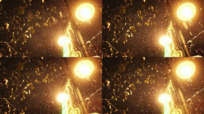 降雪，下雪的天气，飘落的雪花映衬着夜空，街灯和树木。4k视频片段