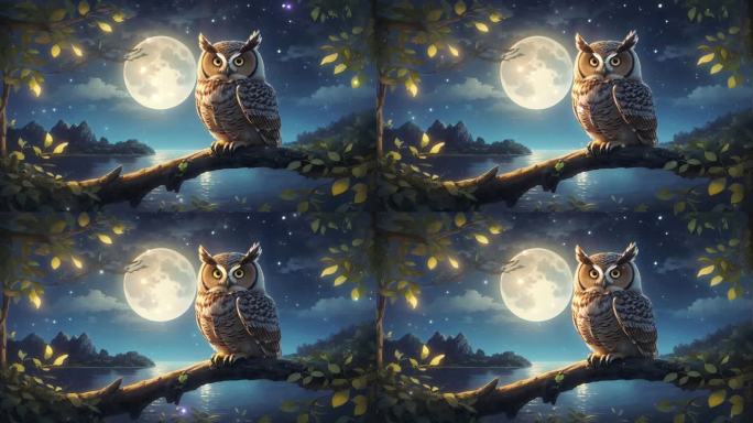 4K卡通动漫夜晚猫头鹰在树上概念背景