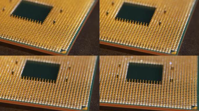 CPU芯片与金色的ping，近距离观察与旋转运动。