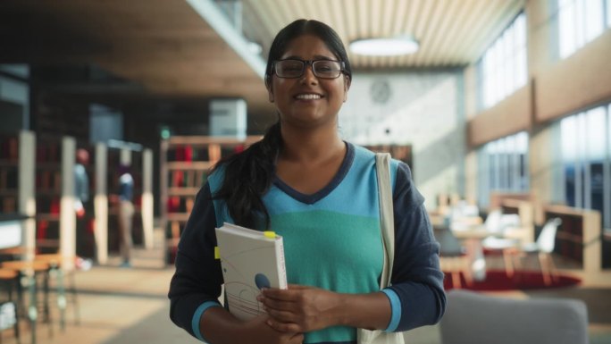 一个快乐的印度学生站在传统的公共图书馆的肖像。年轻的南亚女性看着镜头，微笑着。学者持有学术STEM和