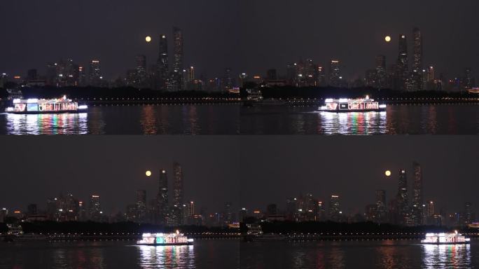 中国广州珠江夜游轮渡码头夜景月圆