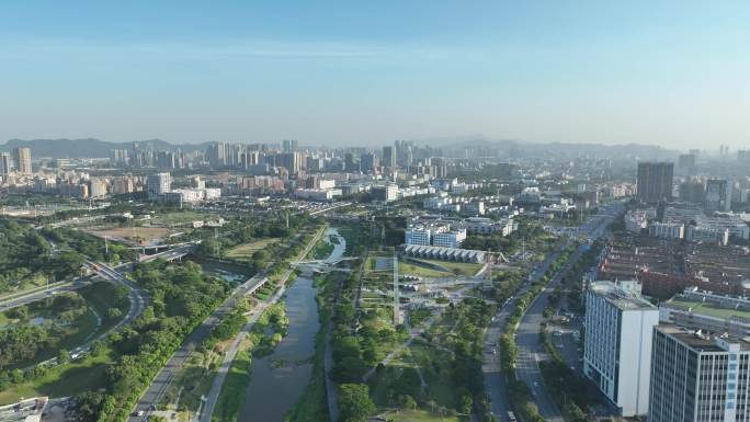 深圳光明区左岸科技公园航拍茅洲河碧道风景