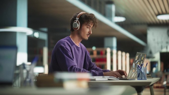 有思想的大学生用笔记本电脑在现代图书馆学习。英俊聪明的男人在线学习，准备学期考试，起草一篇经济学论文