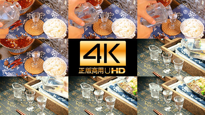 中式饭桌上酒瓶倒出透亮白酒流淌4K