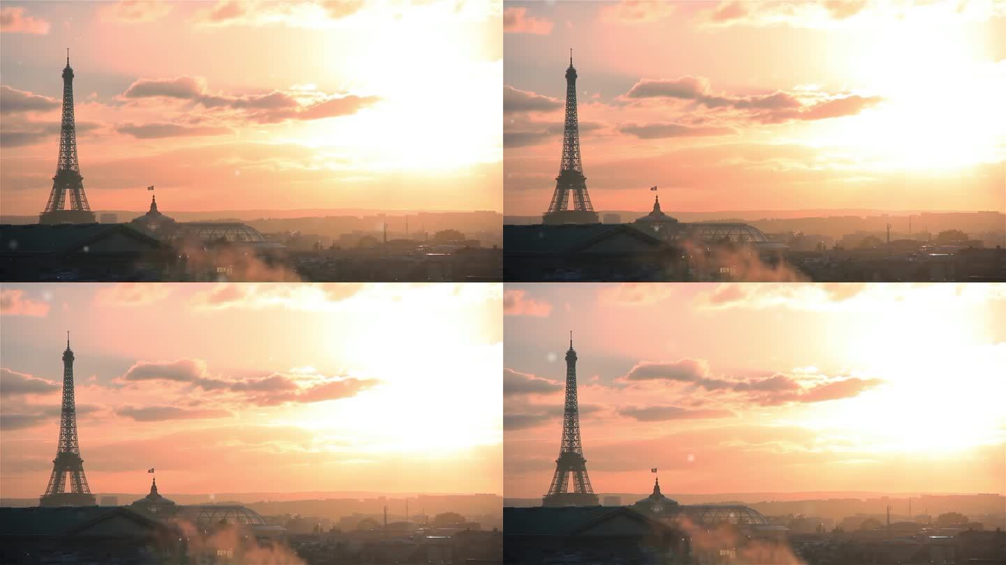 法国巴黎，从老佛爷百货的屋顶俯瞰巴黎日落时的埃菲尔铁塔。