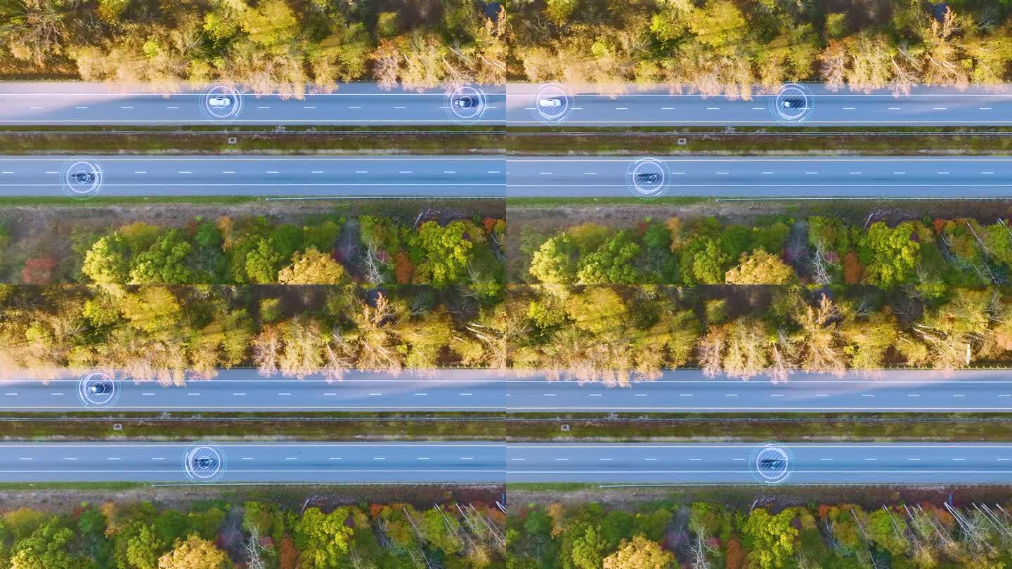 自动驾驶汽车在美国高速公路上行驶的鸟瞰图。未来的州际交通概念