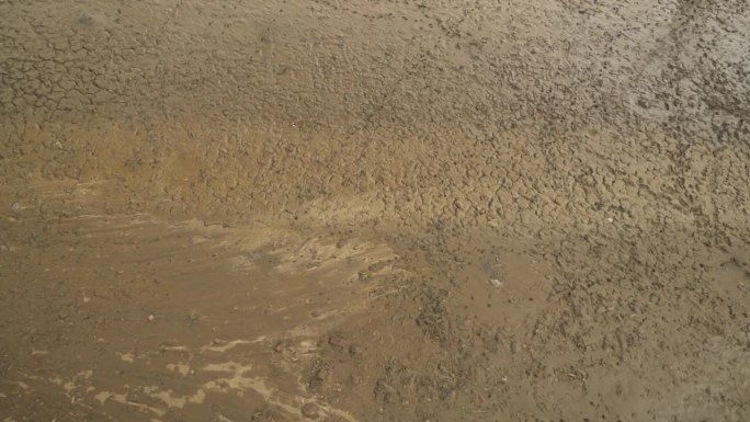 印度比哈尔邦，干燥的河床，底部地面开裂，夏季炎热天气下的湿土残余物
