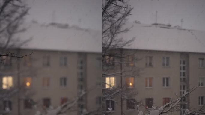 雪，夜，窗景竖版城市雪景