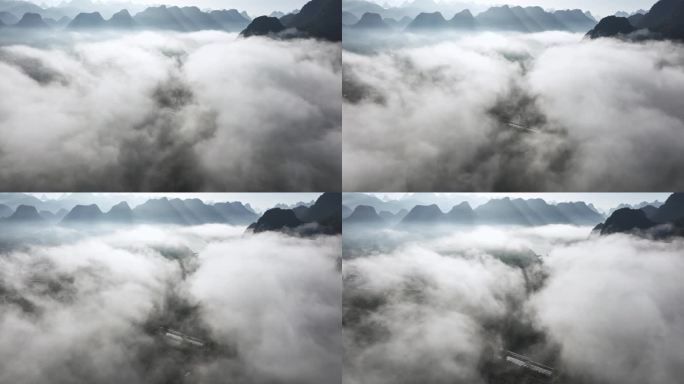 日出时分桂林漓江上的云雾和山间的丁达尔光