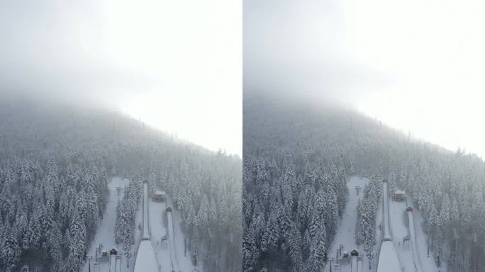 滑雪飞山在山上的冬季森林，空中，波兰