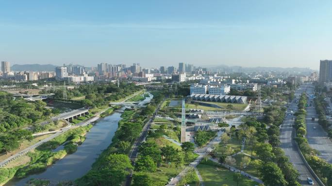 深圳光明区左岸科技公园航拍茅洲河碧道风景