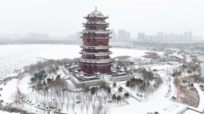 【4K】滨州黄河楼雪景航拍