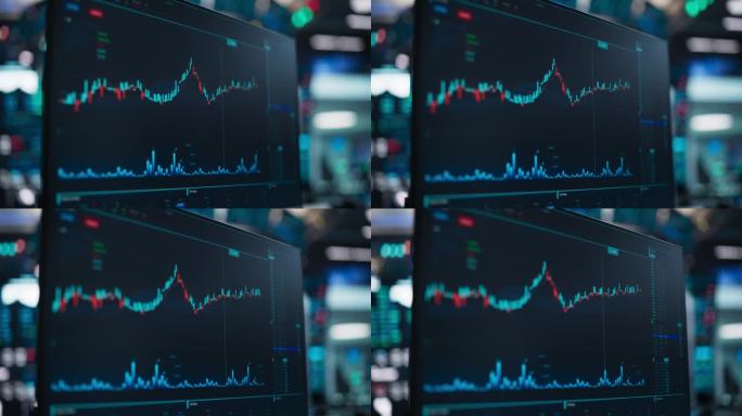 计算机屏幕实时股票市场分析，烛台图和财务报告。监视器上的证券交易所软件模板。证券交易所概念，经济与商