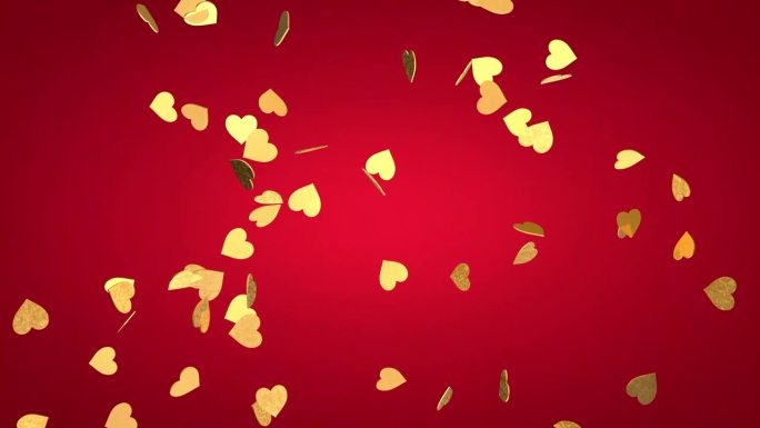 金色的心落在红色的背景上。3D动画渲染。视频效果的情人节和婚礼。心雨。