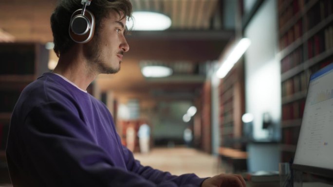 有思想的欧洲大学生用台式电脑在公共图书馆学习。帅哥在线学习，阅读营销报告，准备考试。特写肖像