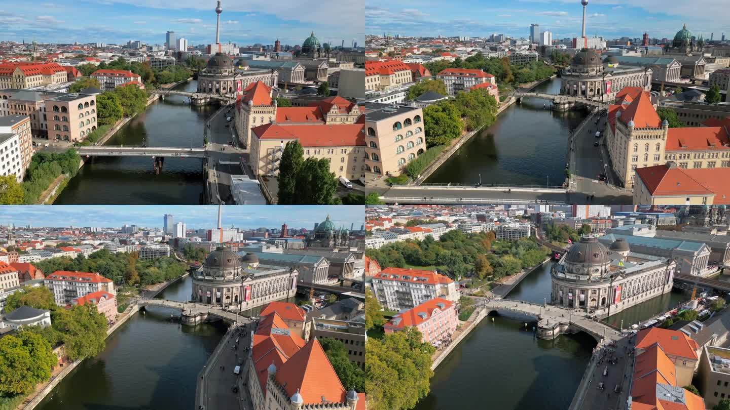 鸟瞰柏林博德博物馆与蒙比尤桥在施普雷河和柏林大教堂和电视塔或电视塔在柏林亚历山大广场的实时镜头，德国
