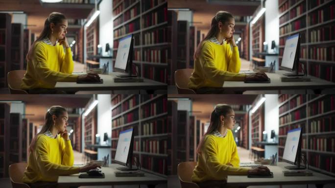 穿着黄色毛衣的年轻女学生在台式电脑上写硕士论文。聪明的女人在网上学习讲座，在有书架的图书馆里看演讲