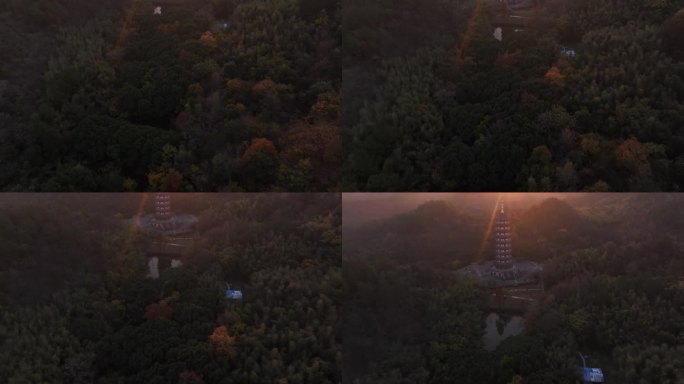 新昌大佛寺西禅寺万佛塔日出航拍