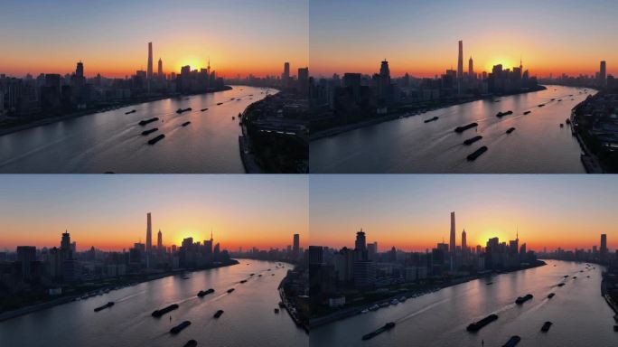 杨浦北外滩望陆家嘴夕阳航拍城市天际线全景