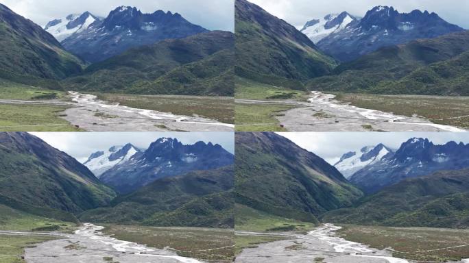 西藏昌都市然乌县来古冰川融雪河谷航拍风景