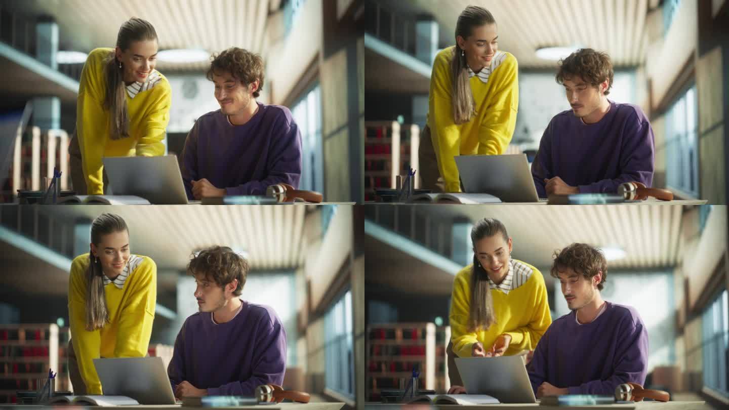 高校图书馆中的男女学生。女学生用笔记本电脑帮助她的同学做作业。夫妇使用笔记本电脑进行小组研究项目