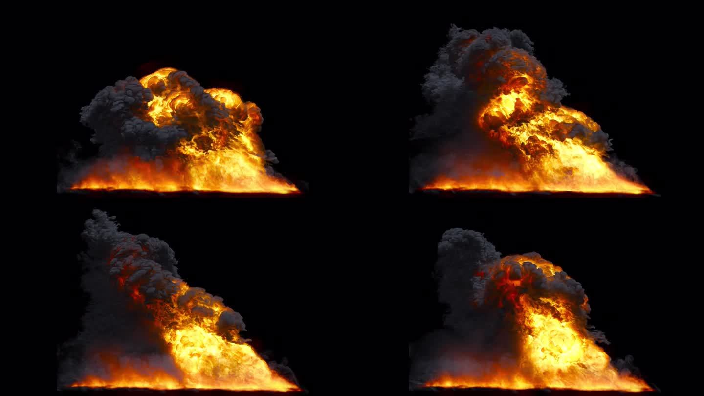 一场巨大的大火出现在深邃的黑色背景下，燃烧着的燃料燃烧着地狱般的火焰，还有一个用于视频应用的alph