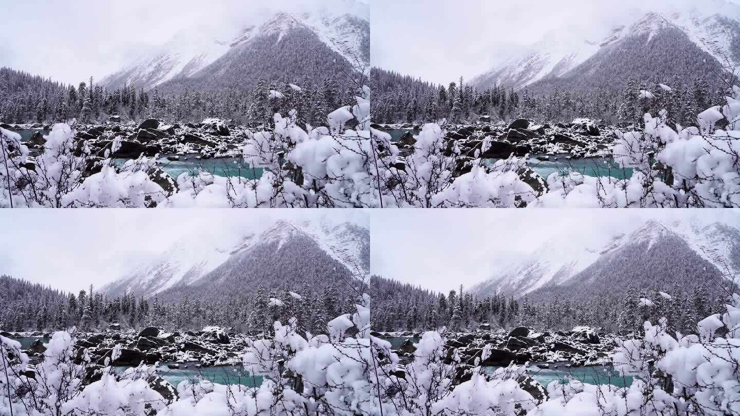 西藏然乌湖冬天雪山森林冰河流水雪景风光