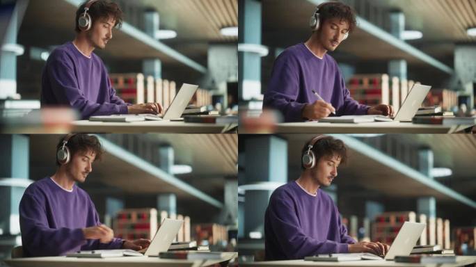 一个聪明的男人戴上耳机，在笔记本电脑上工作的肖像。在大学图书馆做家庭作业和准备政治学考试的年轻人