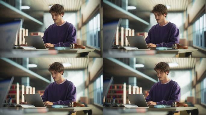 一个时髦的男学生在笔记本电脑上做大学运动的肖像。年轻英俊的男子在一个空旷安静的公共图书馆学习在线大学