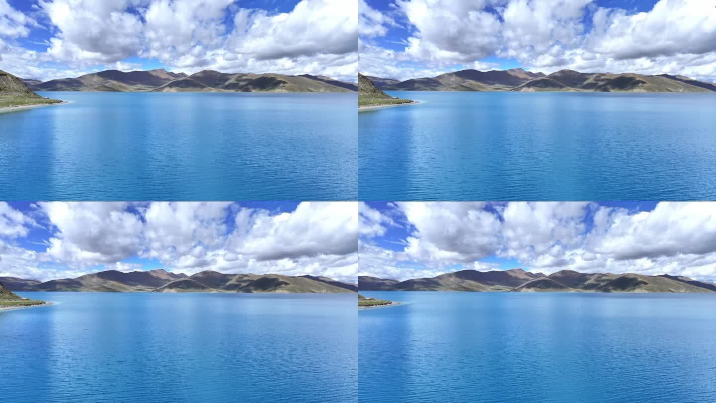 西藏山南市贡嘎县羊卓雍措羊湖水面航拍风景