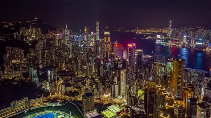 香港宝马山顶中环方向日转夜航拍环绕延时