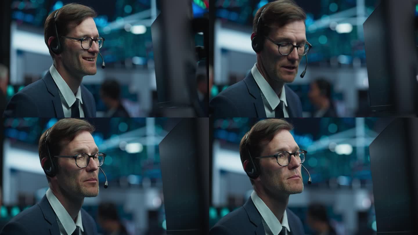 一个在证券交易所工作的英俊的股票交易员的肖像。成年男子戴着眼镜和耳机，研究国际商业公司投资的可能性