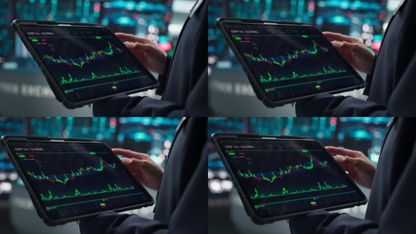 在平板电脑屏幕上接近实时股票市场分析，图表和报告。证券交易所软件模板。经纪人在工作中监控金融和商业机