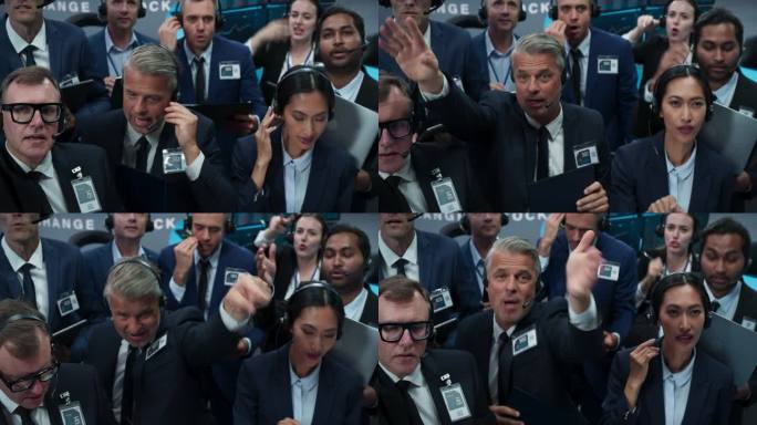 证券交易所专业人士在交易大厅以公开叫价方式进行沟通。男人和女人大声喊叫，用手势传递买卖指令的信息