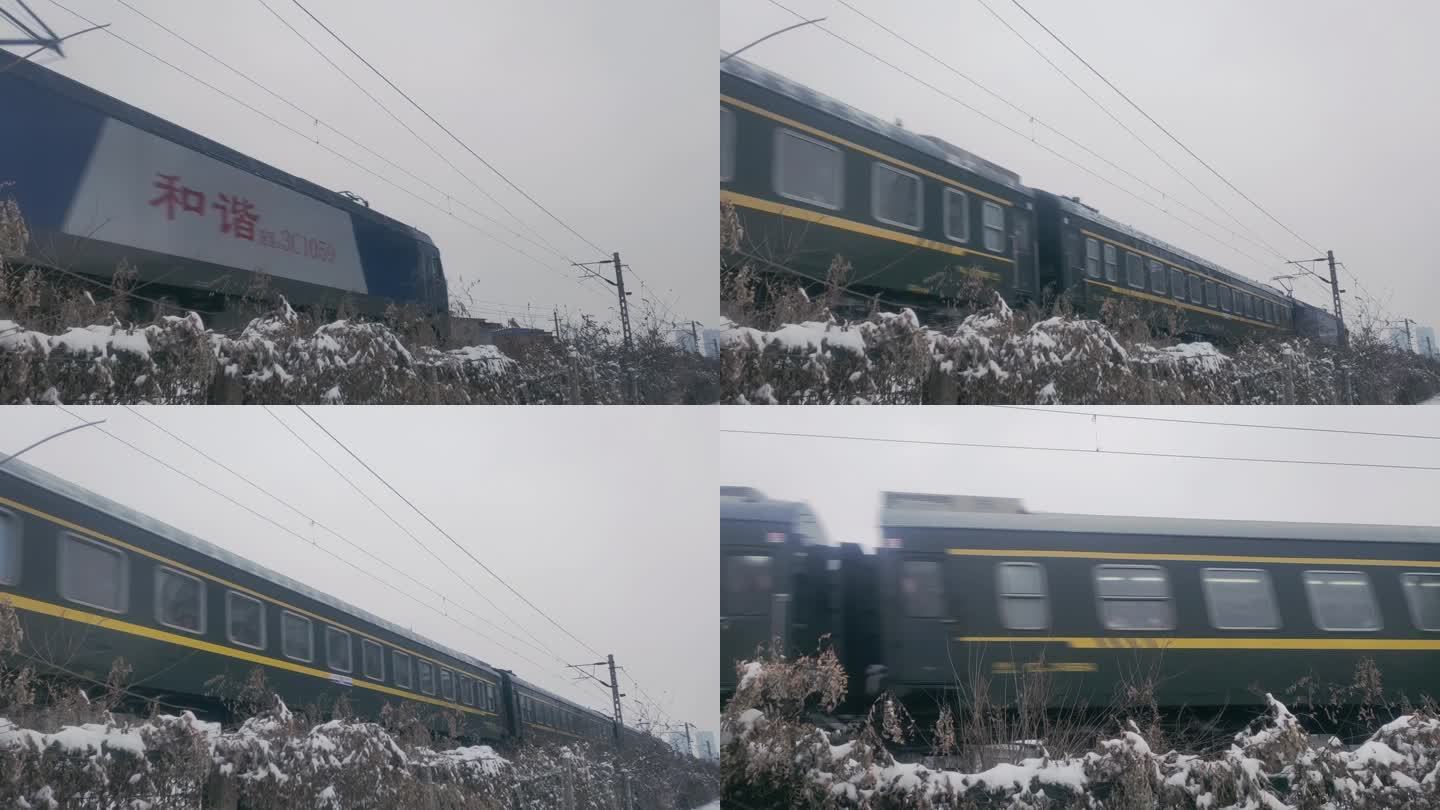 雪后绿皮火车 回家的列车 归途 铁路