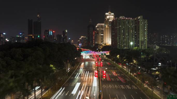 深圳滨河大道彩虹天桥夜景车流航拍延时