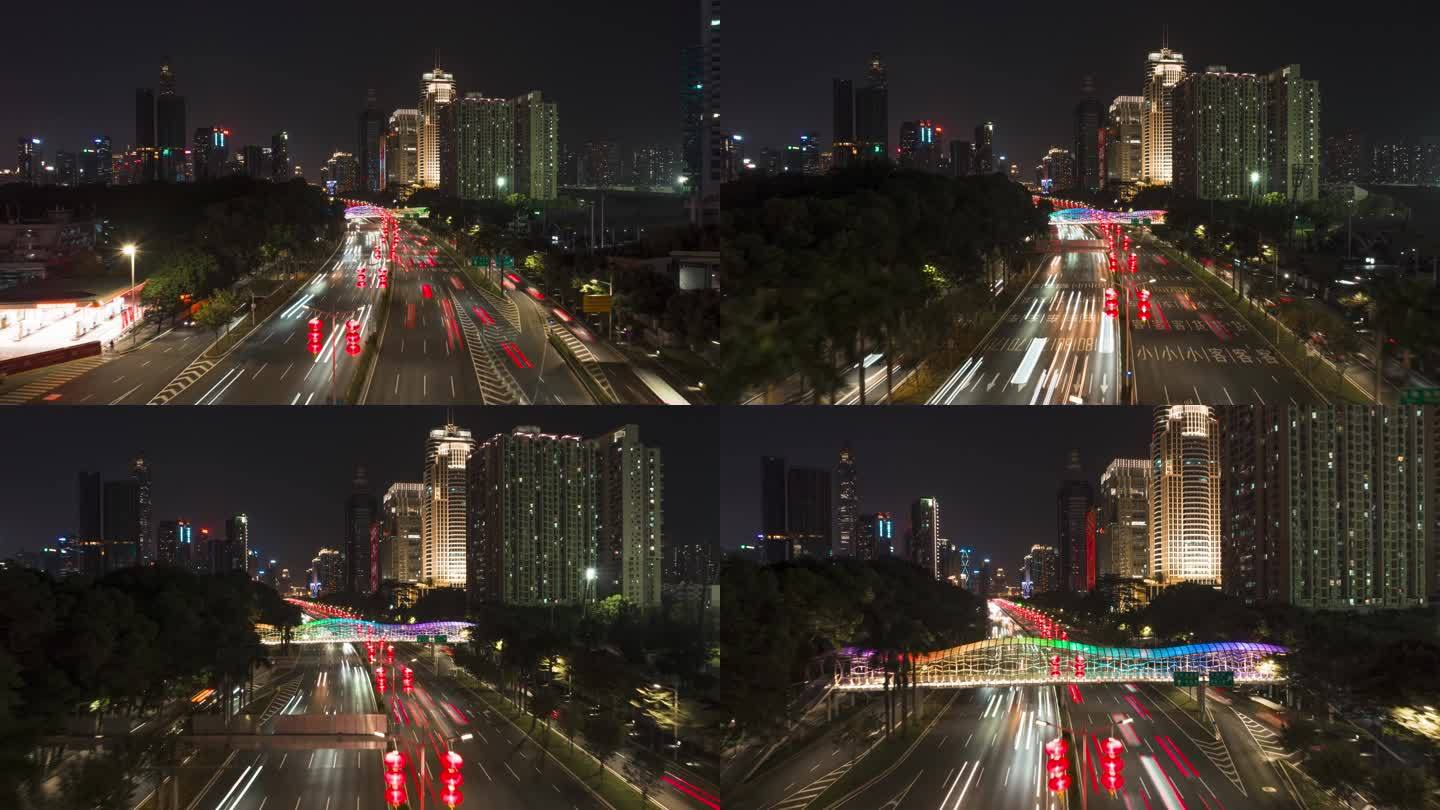 深圳滨河大道彩虹天桥夜景车流航拍延时